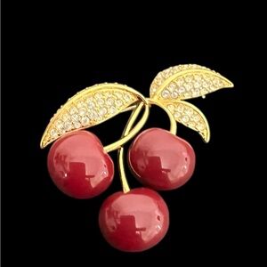 Joan Rivers Signed Gold Tone Rhinestone Cherry Cluster Brooch Pin